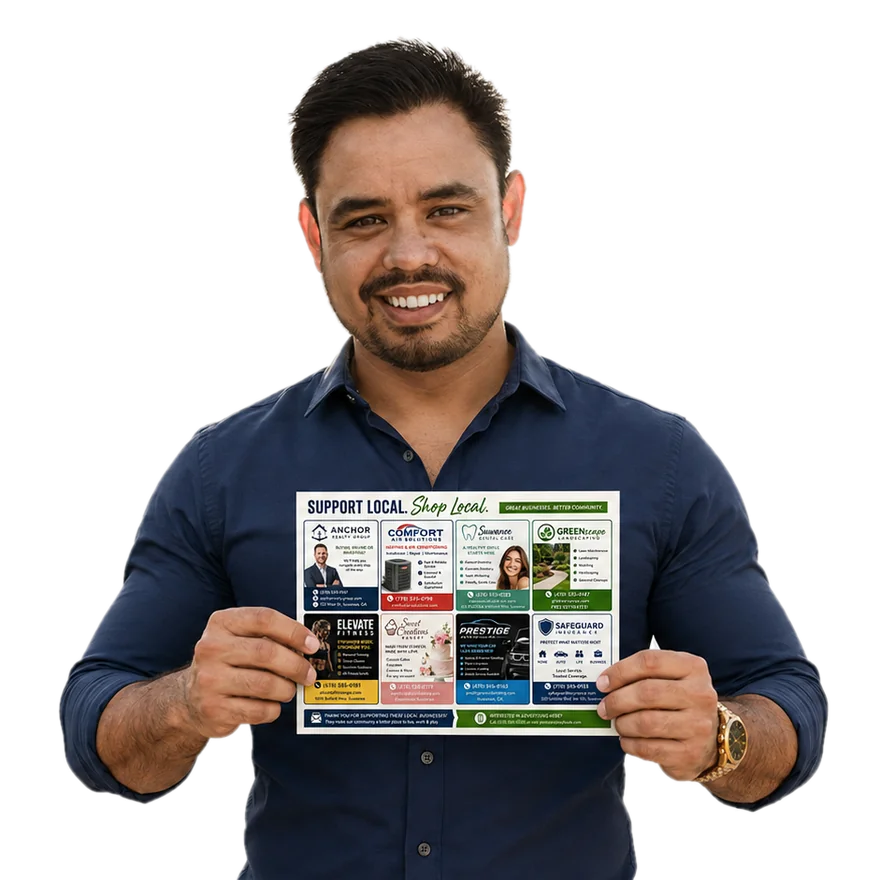 Chris, founder of The Postcard Playbook, holding a sample shared 9x12 postcard